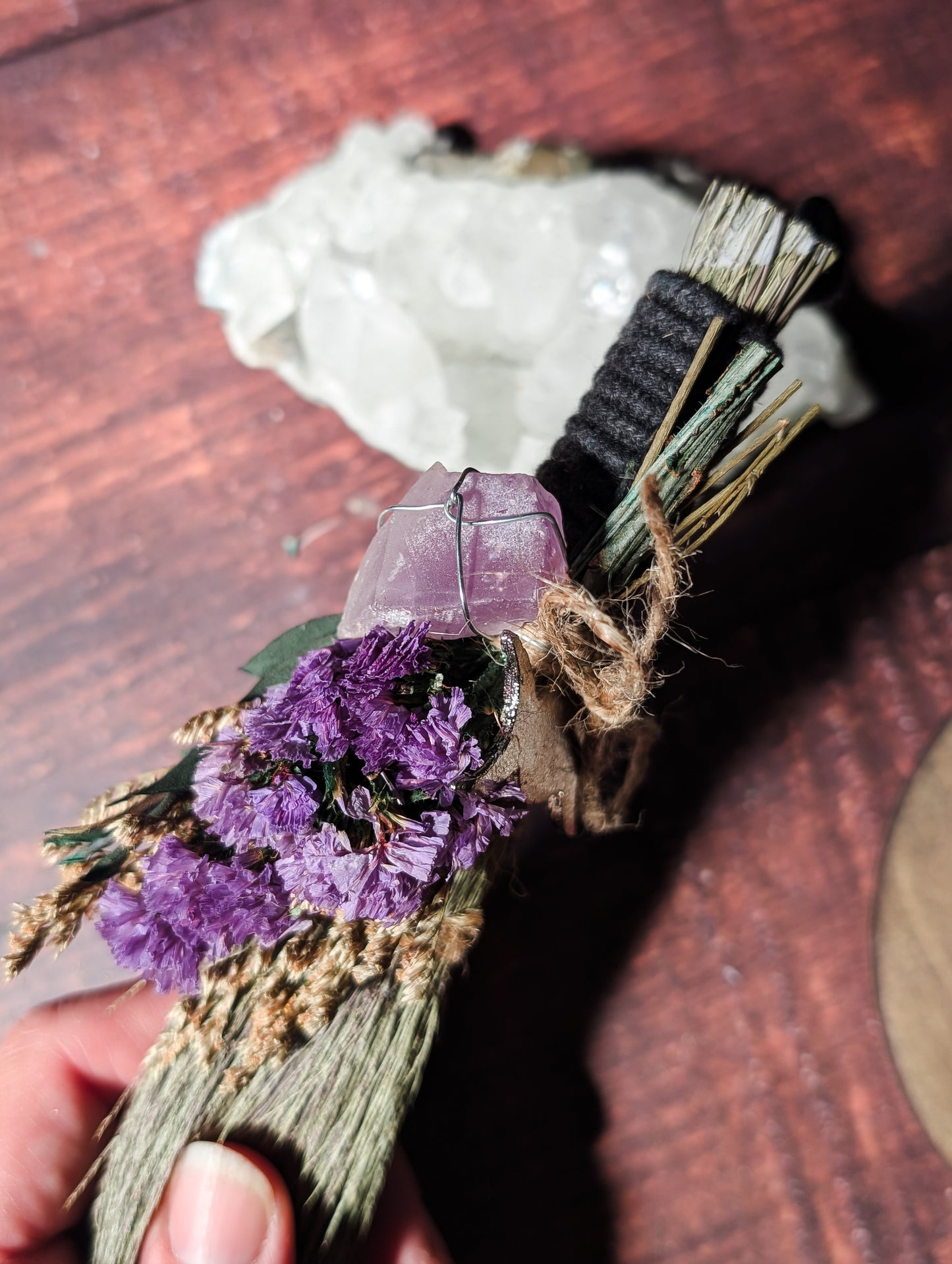 CLEANSING ALTAR BESOM - Hand decorated with Dried Flowers & Crystals