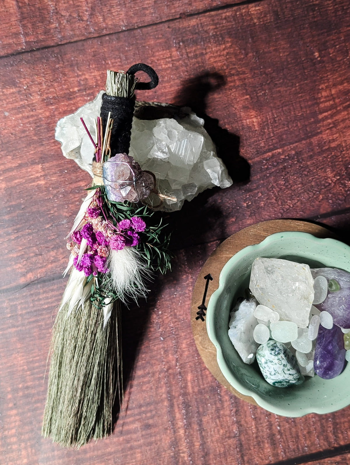 CLEANSING ALTAR BESOM - Hand decorated with Dried Flowers & Crystals