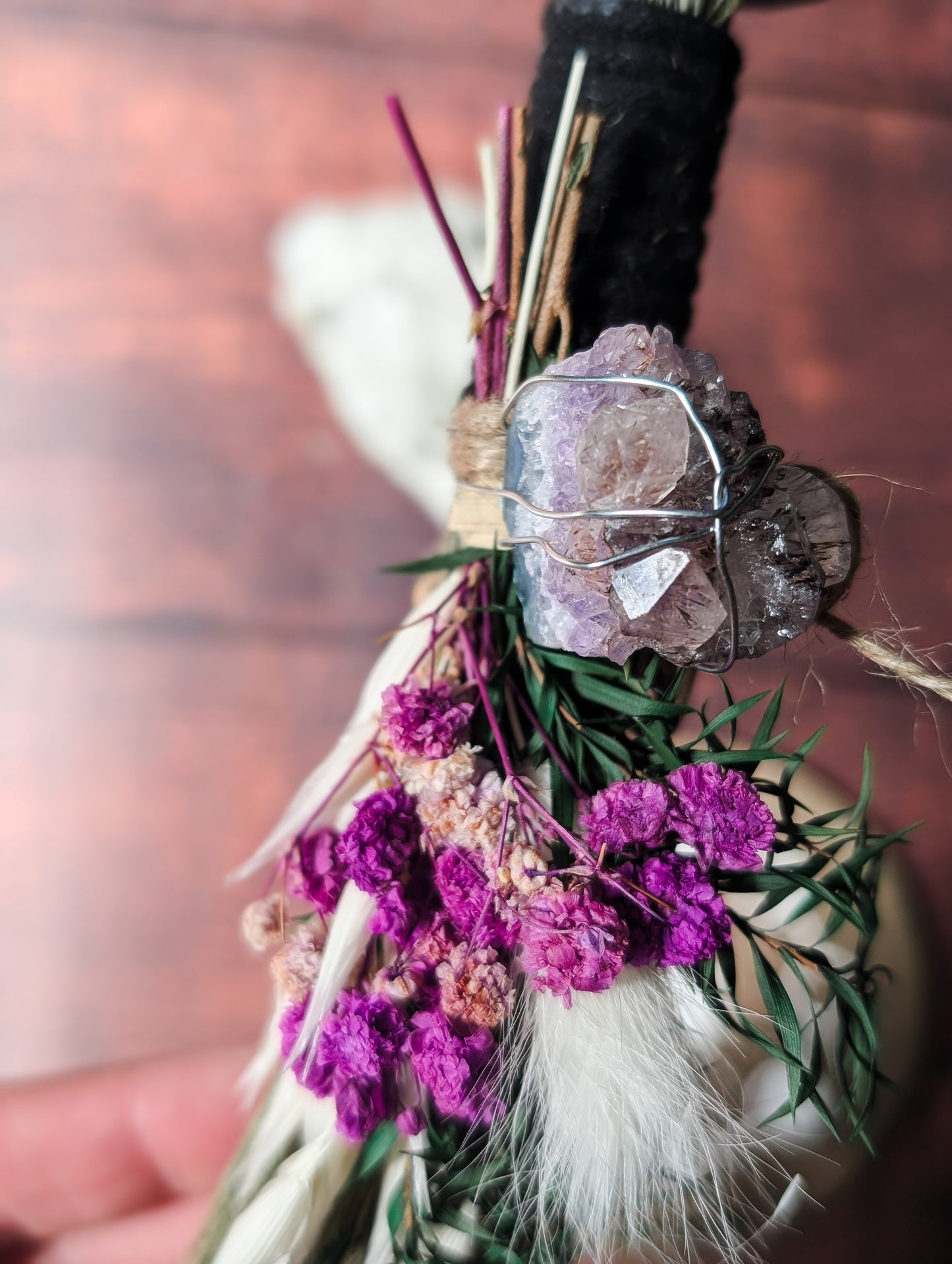 CLEANSING ALTAR BESOM - Hand decorated with Dried Flowers & Crystals