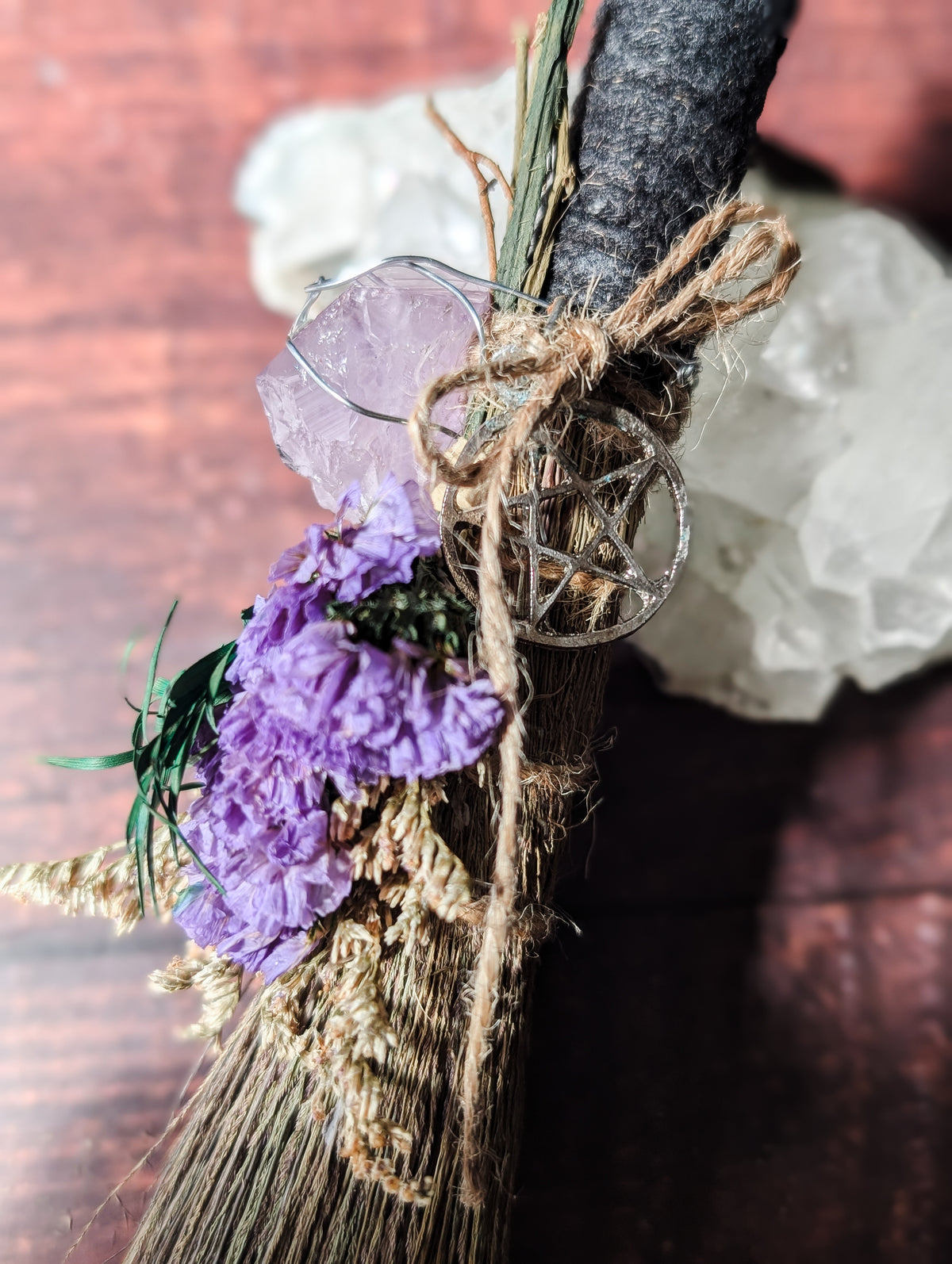 CLEANSING ALTAR BESOM - Hand decorated with Dried Flowers & Crystals