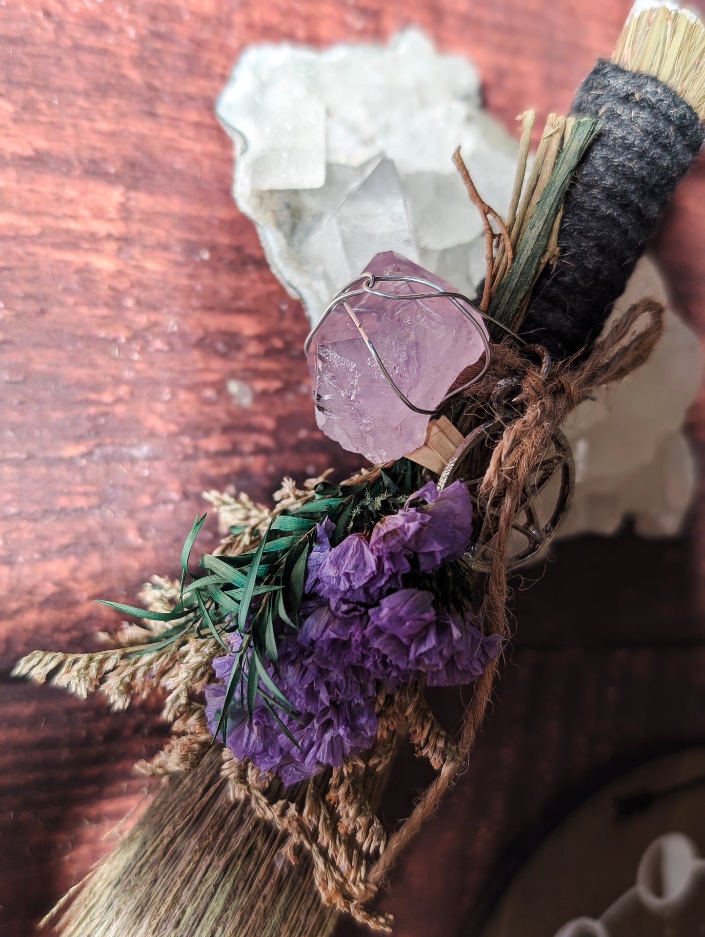 CLEANSING ALTAR BESOM - Hand decorated with Dried Flowers & Crystals