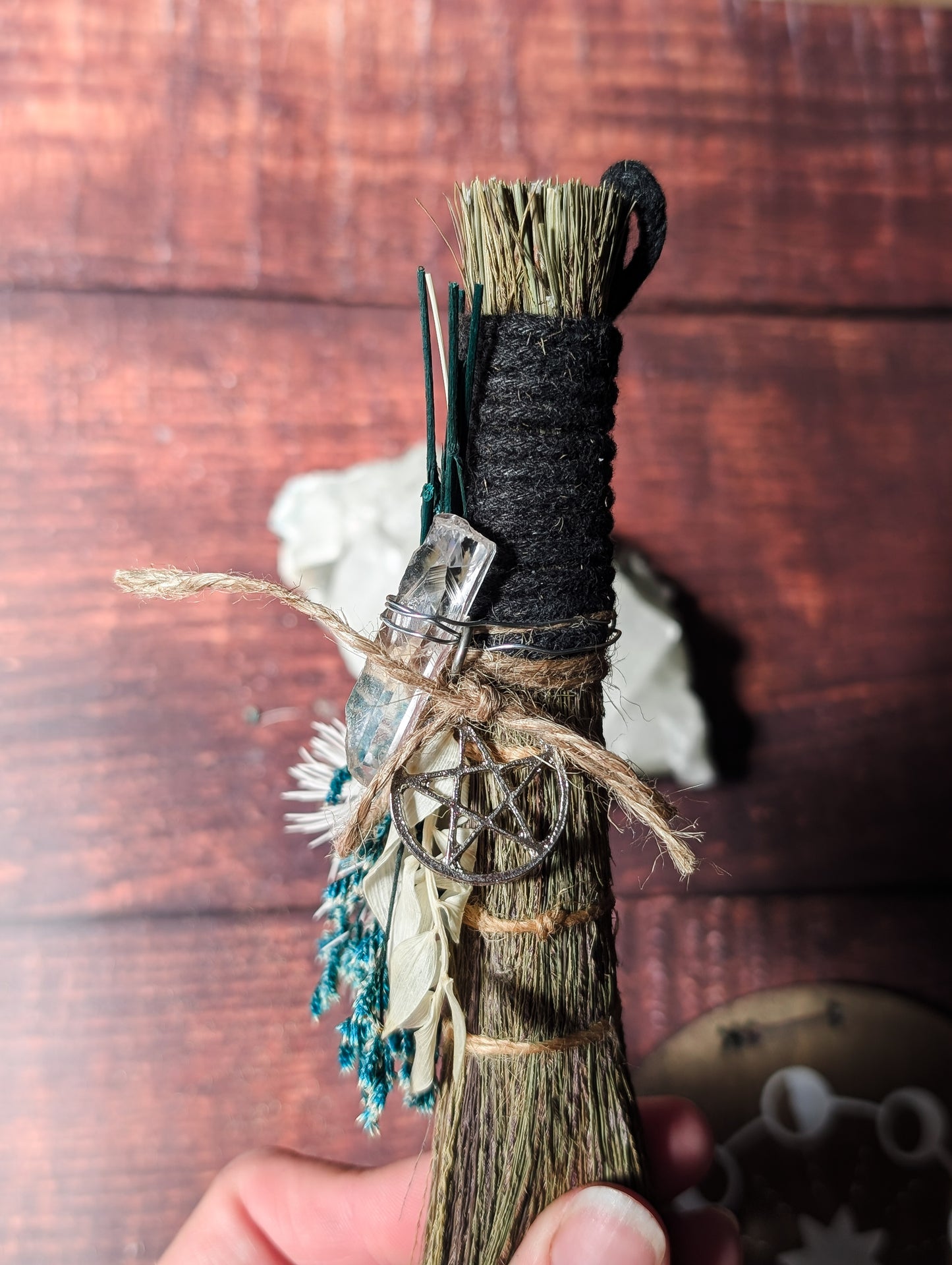 CLEANSING ALTAR BESOM - Hand decorated with Dried Flowers & Crystals