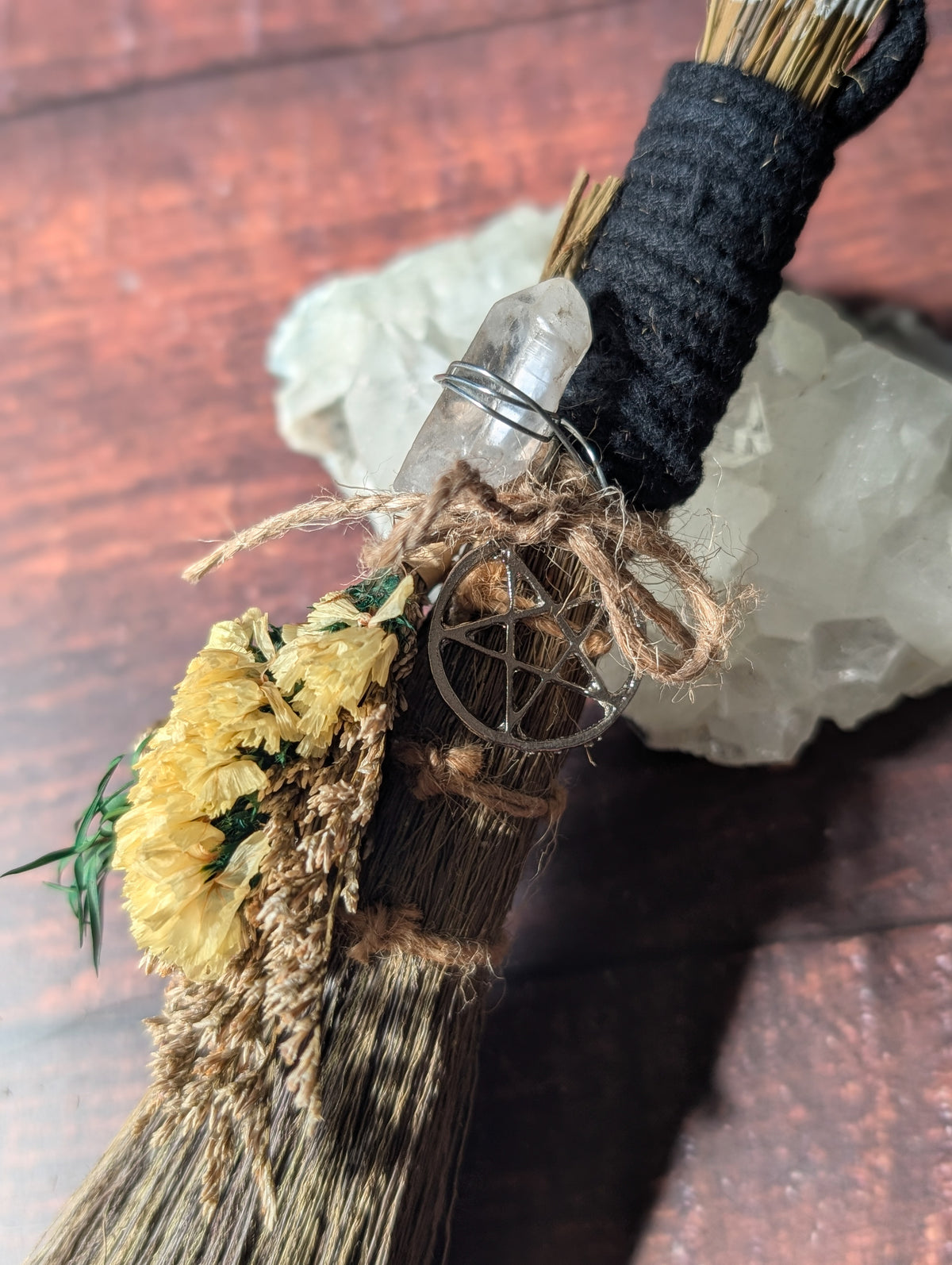 CLEANSING ALTAR BESOM - Hand decorated with Dried Flowers & Crystals