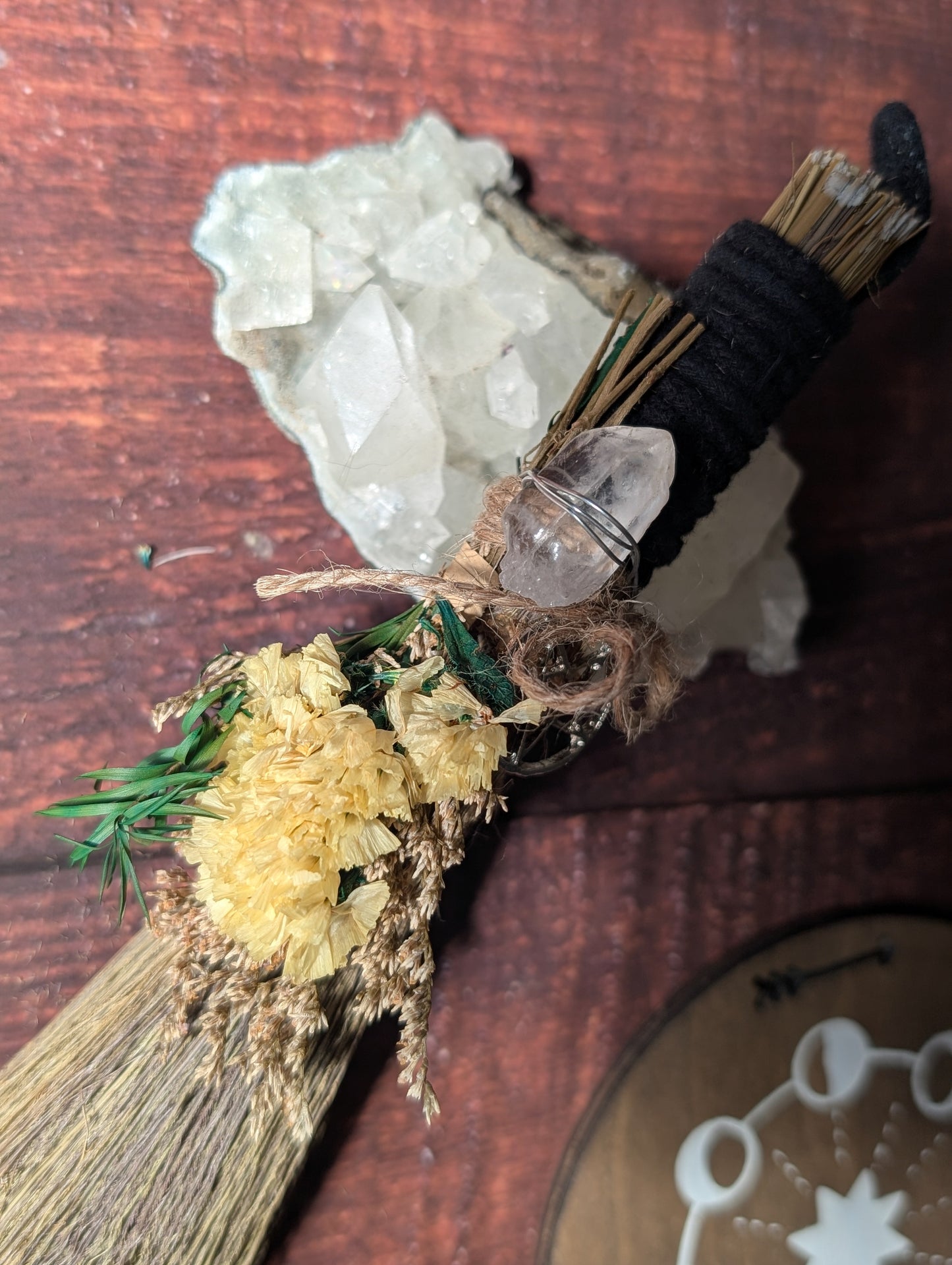 CLEANSING ALTAR BESOM - Hand decorated with Dried Flowers & Crystals