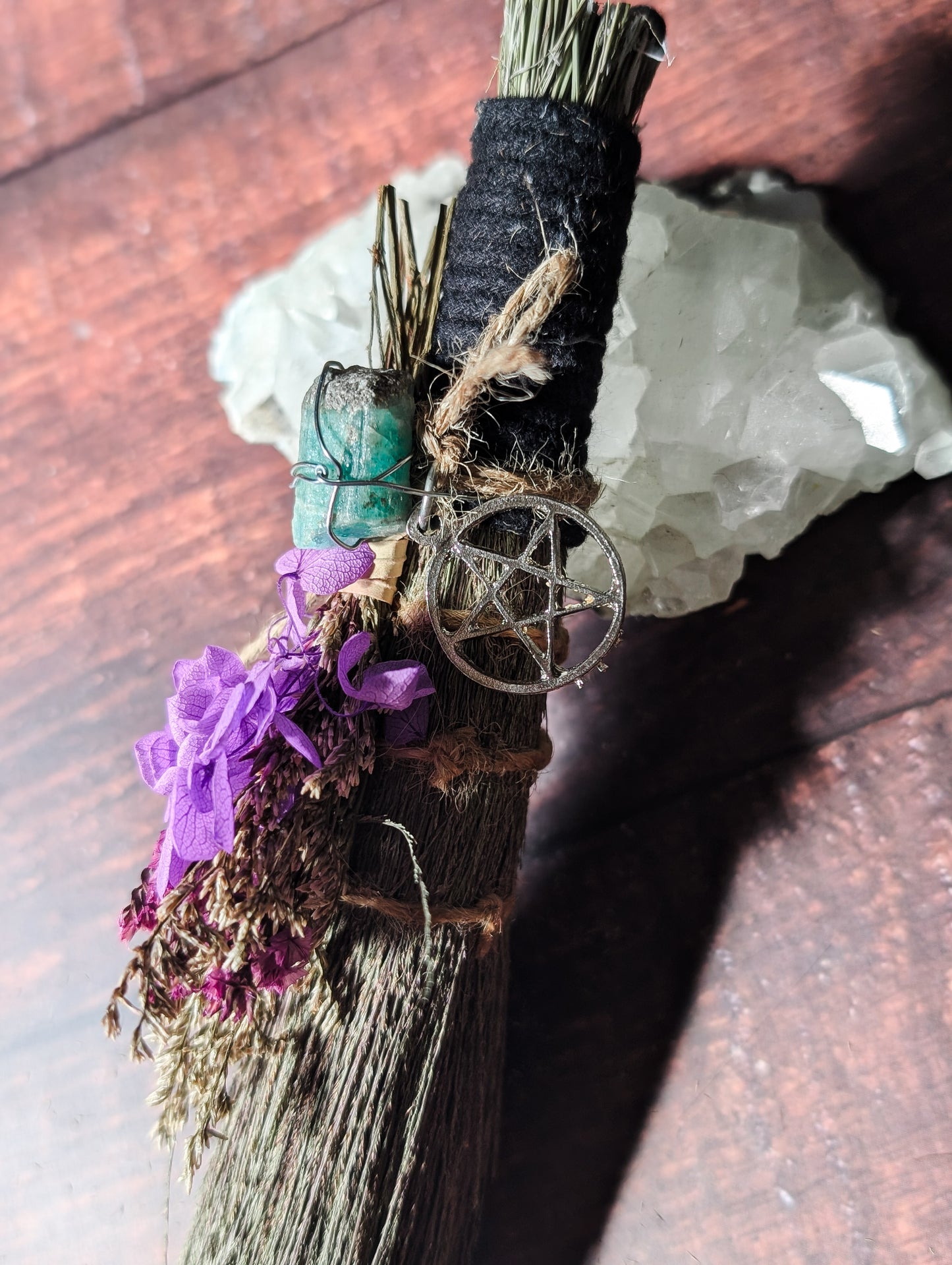 CLEANSING ALTAR BESOM - Hand decorated with Dried Flowers & Crystals