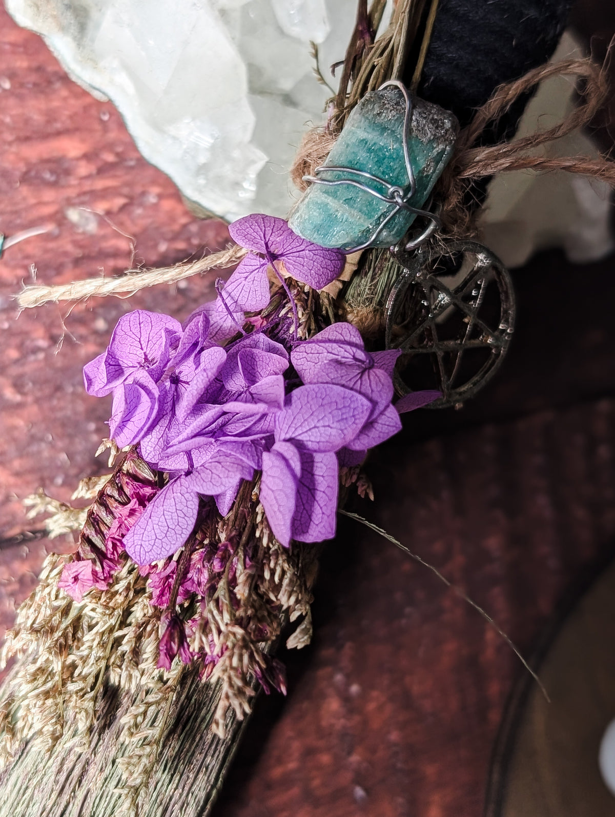 CLEANSING ALTAR BESOM - Hand decorated with Dried Flowers & Crystals