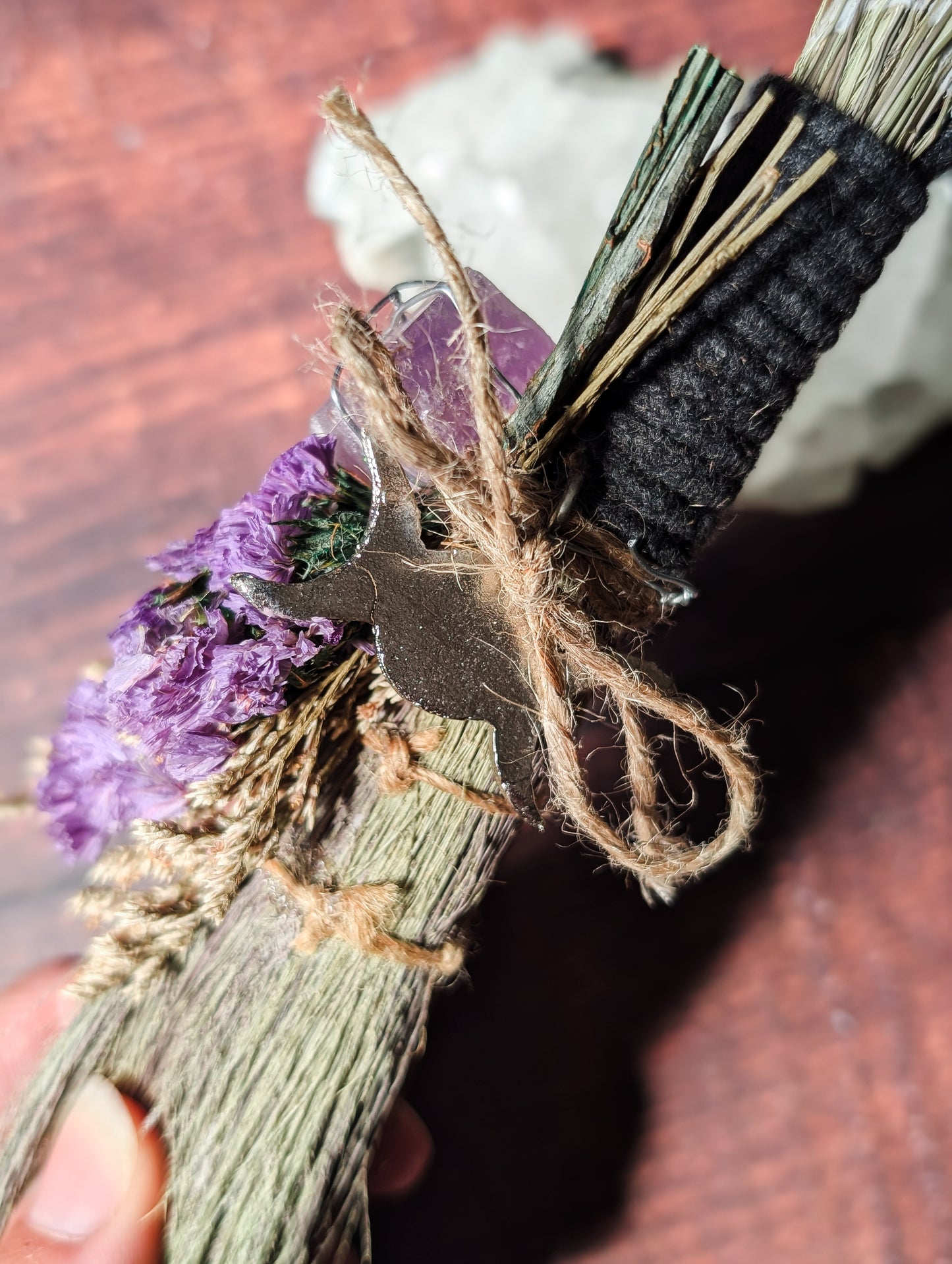 CLEANSING ALTAR BESOM - Hand decorated with Dried Flowers & Crystals