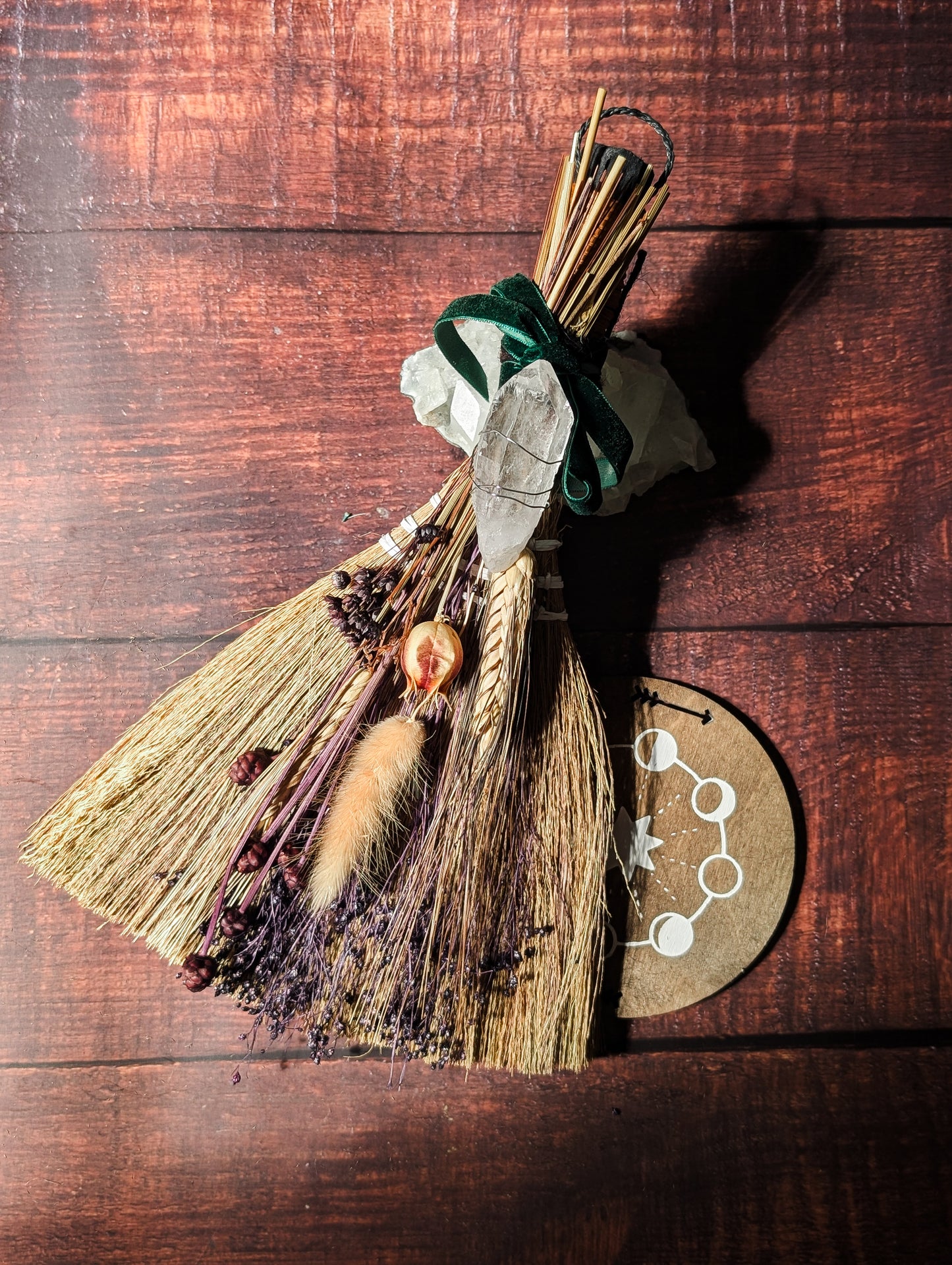 LARGER SIZE BESOM - Hand decorated with Dried Flowers & Crystals