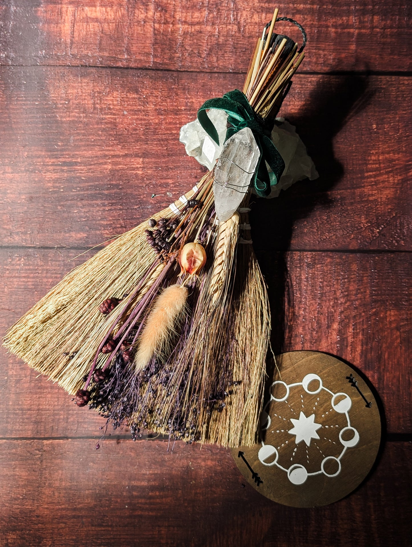 LARGER SIZE BESOM - Hand decorated with Dried Flowers & Crystals