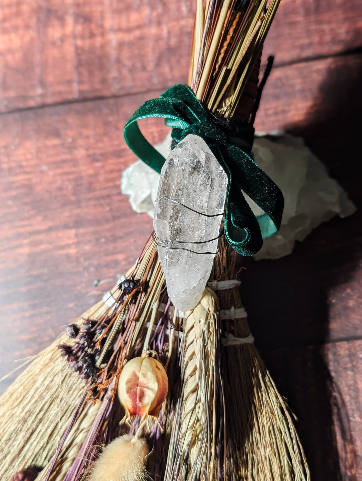 LARGER SIZE BESOM - Hand decorated with Dried Flowers & Crystals