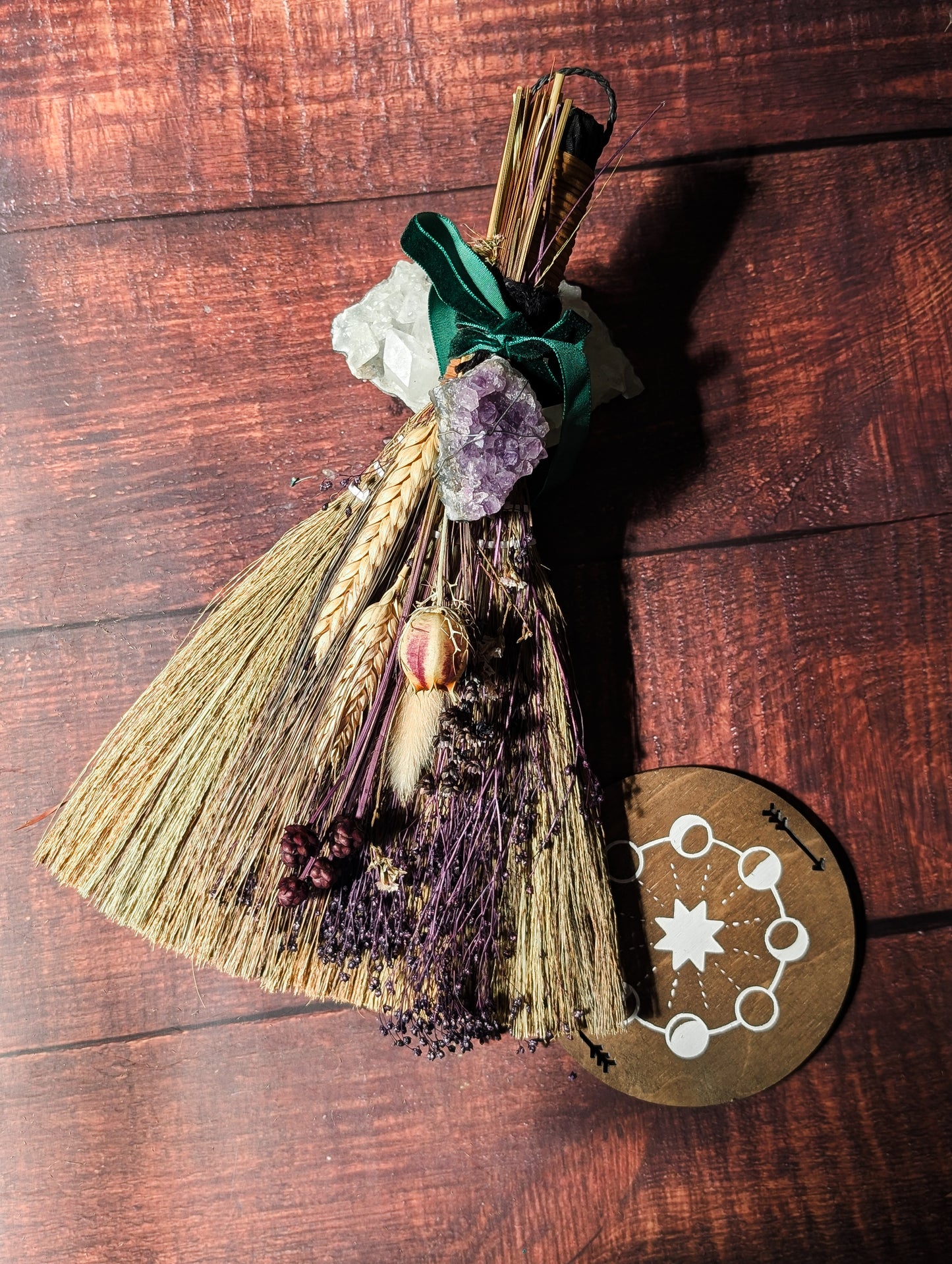 LARGER SIZE BESOM - Hand decorated with Dried Flowers & Crystals