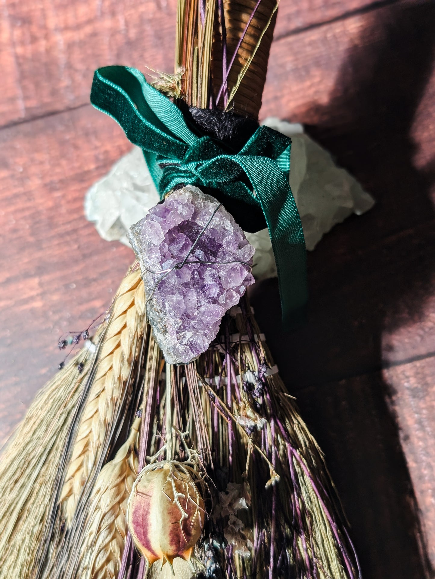 LARGER SIZE BESOM - Hand decorated with Dried Flowers & Crystals
