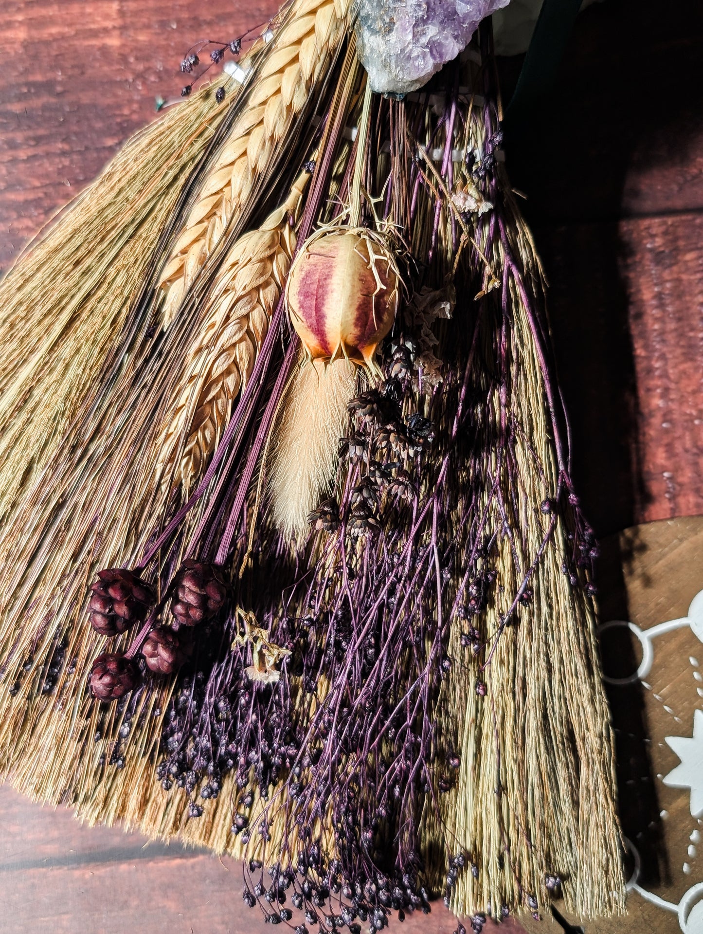 LARGER SIZE BESOM - Hand decorated with Dried Flowers & Crystals
