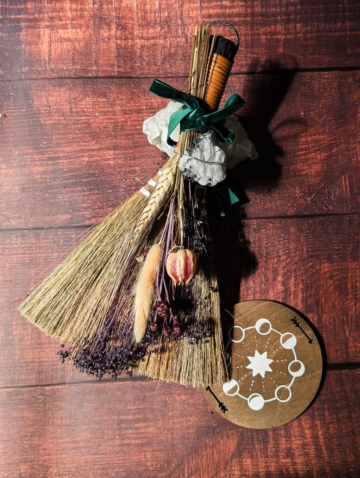 LARGER SIZE BESOM - Hand decorated with Dried Flowers & Crystals