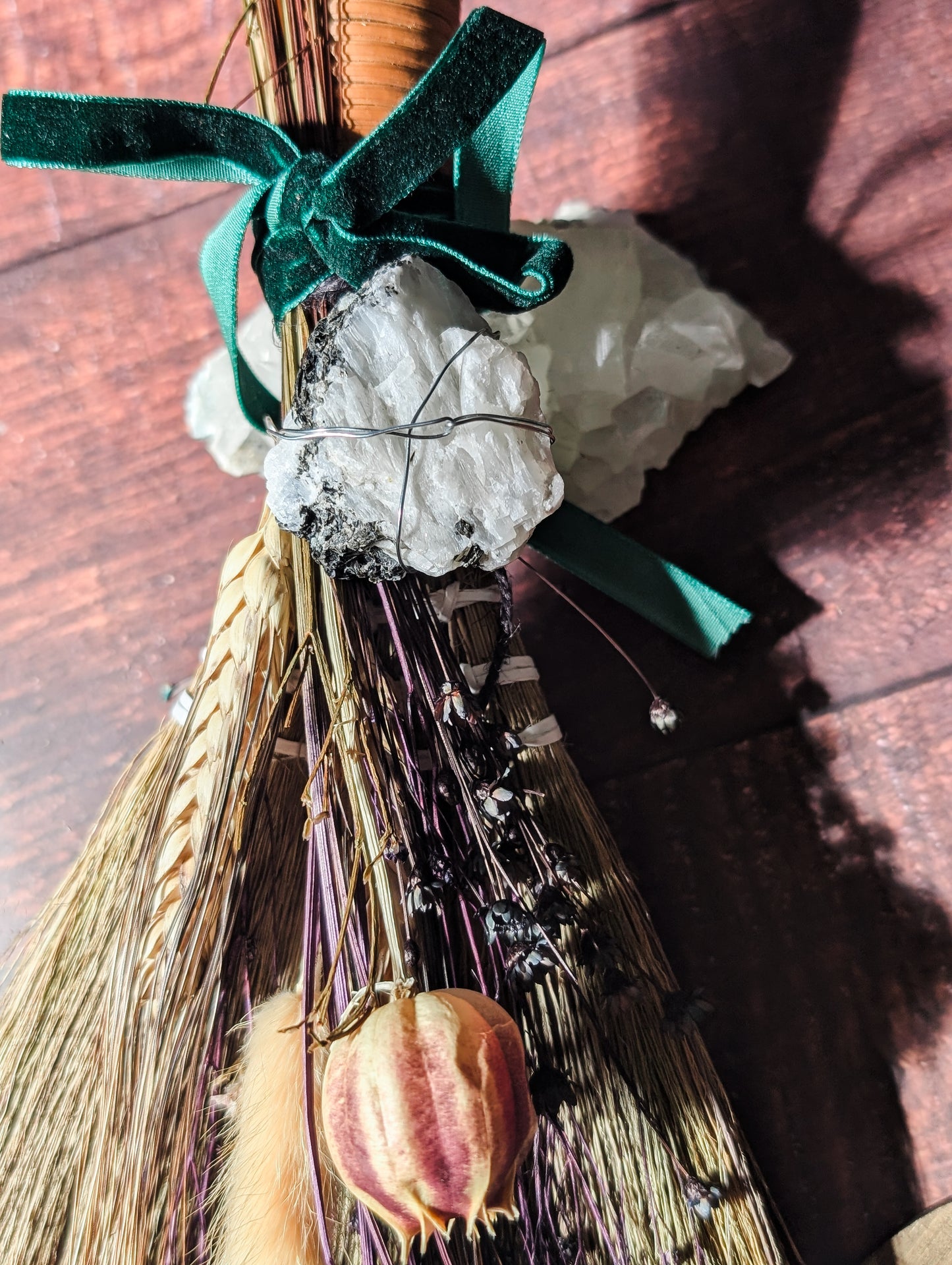 LARGER SIZE BESOM - Hand decorated with Dried Flowers & Crystals