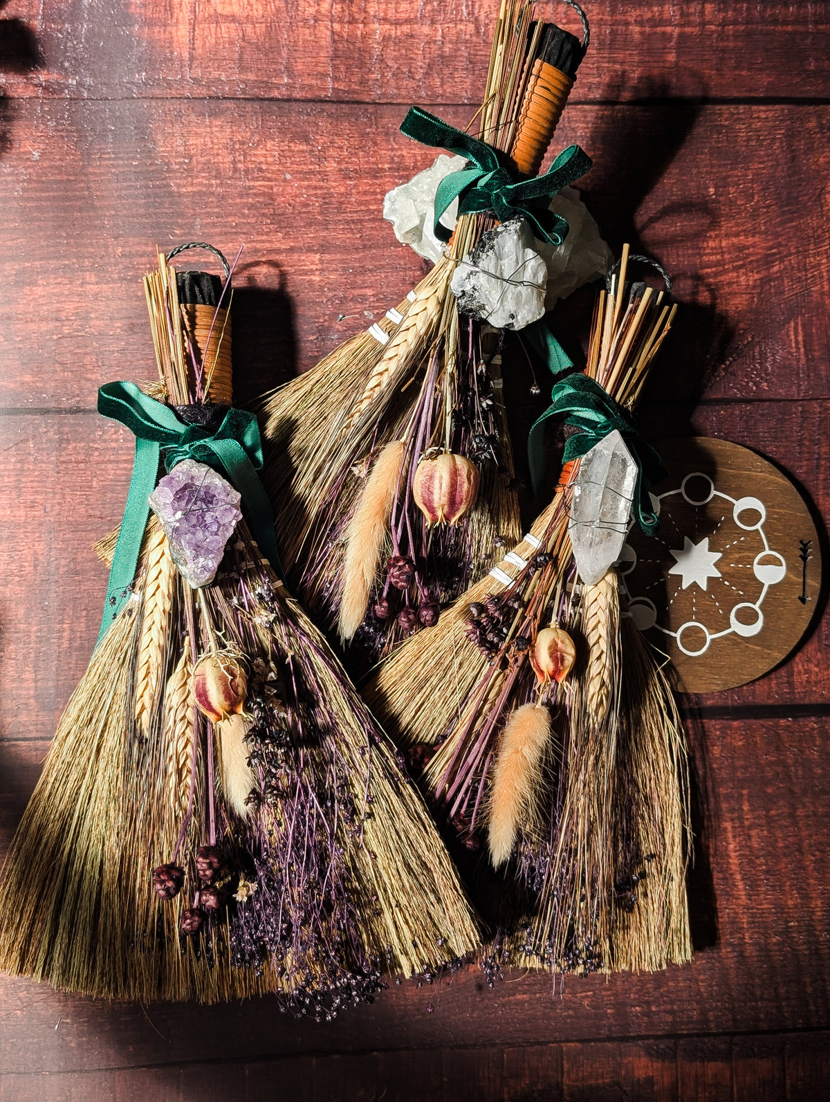 LARGER SIZE BESOM - Hand decorated with Dried Flowers & Crystals
