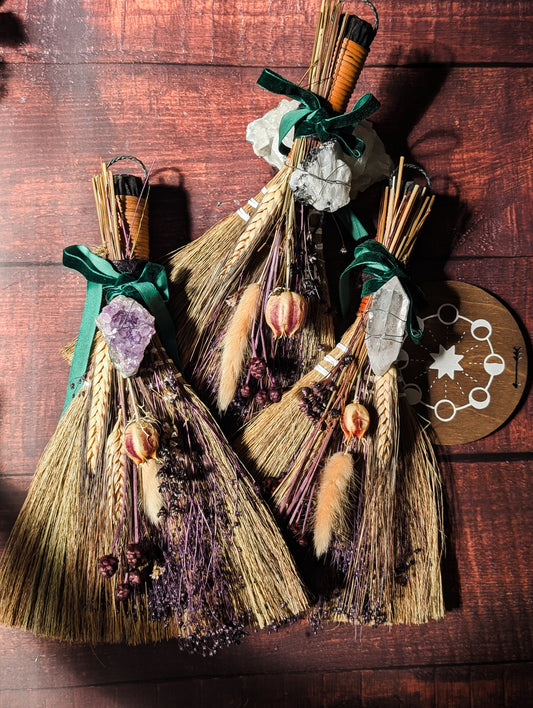 LARGER SIZE BESOM - Hand decorated with Dried Flowers & Crystals