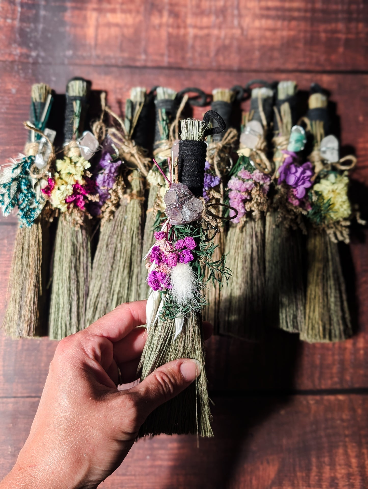 CLEANSING ALTAR BESOM - Hand decorated with Dried Flowers & Crystals