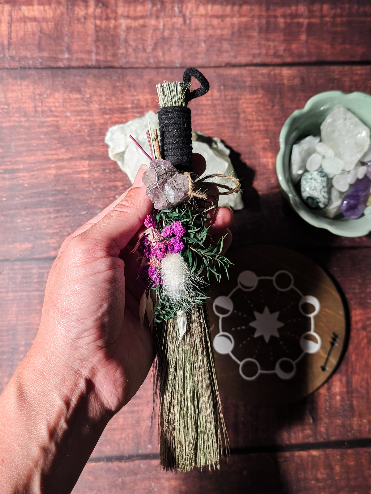 CLEANSING ALTAR BESOM - Hand decorated with Dried Flowers & Crystals